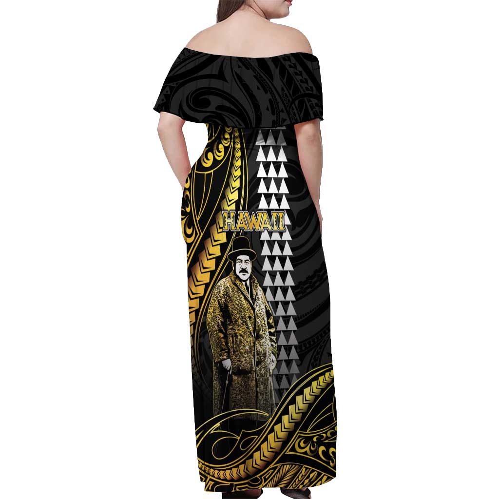 Hawaii Kuhio The Citizen Prince Off Shoulder Maxi Dress Gold Polynesian Tribal Tattoo