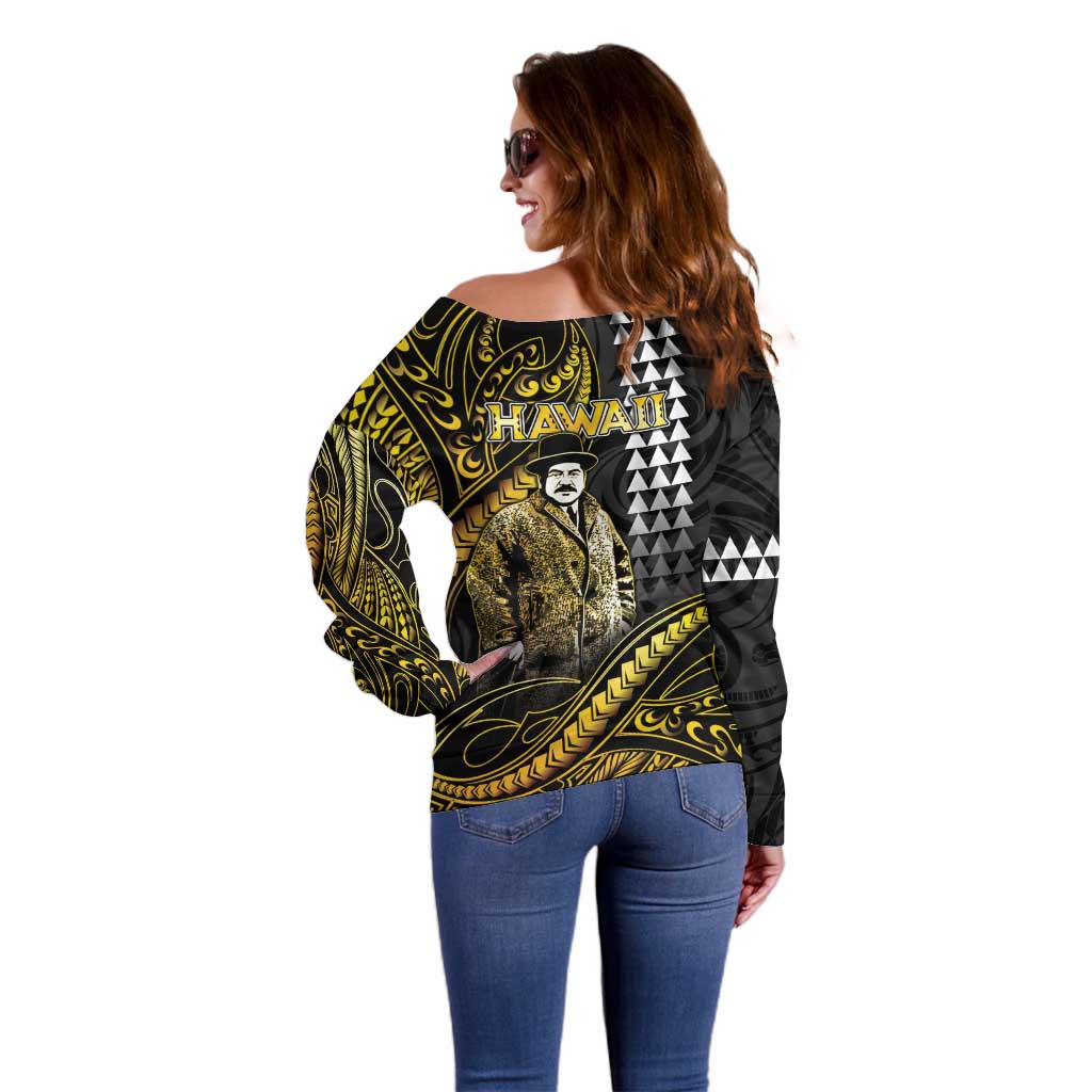 Hawaii Kuhio The Citizen Prince Off Shoulder Sweater Gold Polynesian Tribal Tattoo