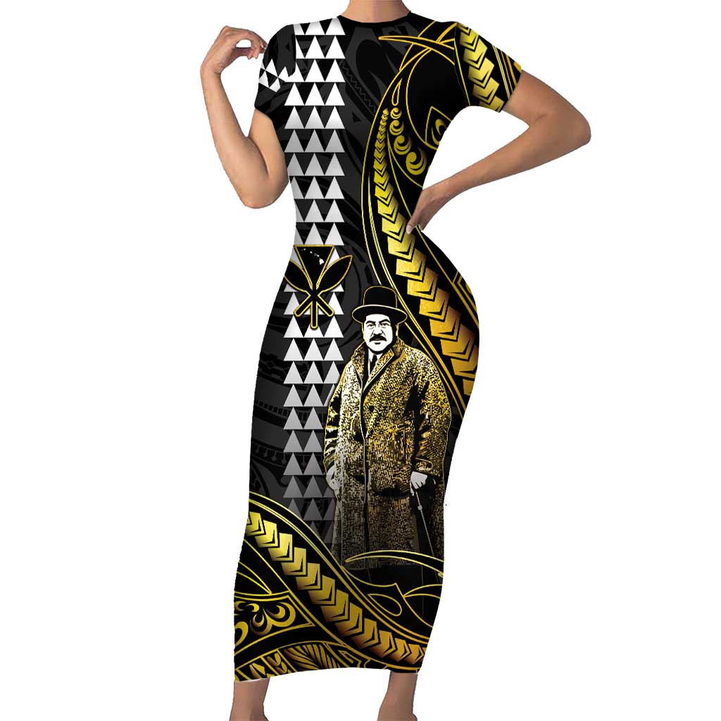 Hawaii Kuhio The Citizen Prince Short Sleeve Bodycon Dress Gold Polynesian Tribal Tattoo LT05 Long Dress Gold - Polynesian Pride