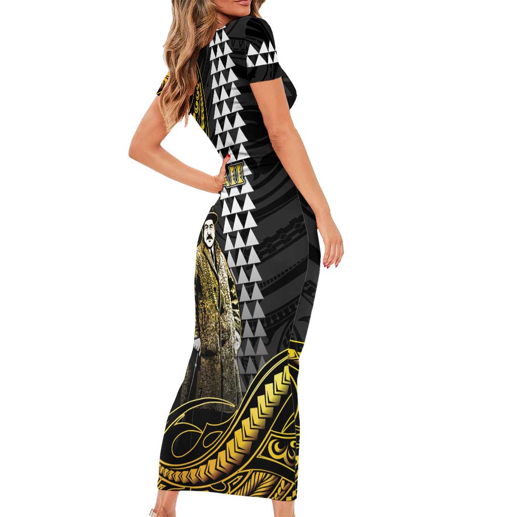 Hawaii Kuhio The Citizen Prince Short Sleeve Bodycon Dress Gold Polynesian Tribal Tattoo LT05 - Polynesian Pride