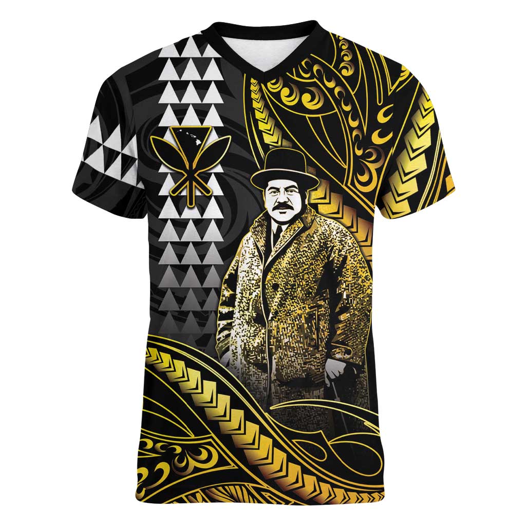 Hawaii Kuhio The Citizen Prince Women V-Neck T-Shirt Gold Polynesian Tribal Tattoo
