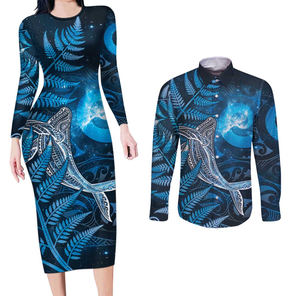 New Zealand Matariki Couples Matching Long Sleeve Bodycon Dress and Long Sleeve Button Shirt Maori Koru With Humpback Whale Blue LT05 Blue - Polynesian Pride