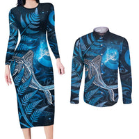 New Zealand Matariki Couples Matching Long Sleeve Bodycon Dress and Long Sleeve Button Shirt Maori Koru With Humpback Whale Blue LT05 Blue - Polynesian Pride