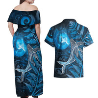 New Zealand Matariki Couples Matching Off Shoulder Maxi Dress and Hawaiian Shirt Maori Koru With Humpback Whale Blue LT05 - Polynesian Pride