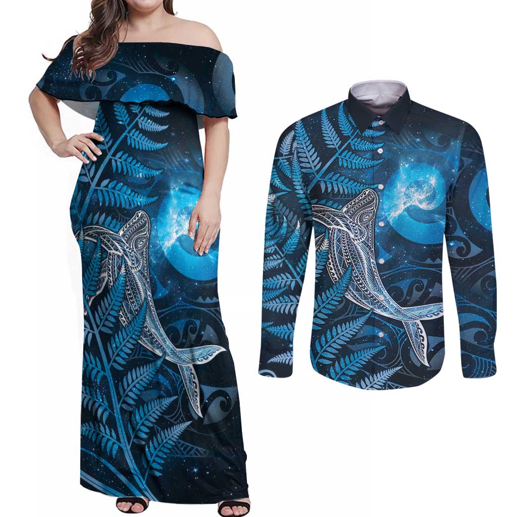 New Zealand Matariki Couples Matching Off Shoulder Maxi Dress and Long Sleeve Button Shirt Maori Koru With Humpback Whale Blue LT05 Blue - Polynesian Pride