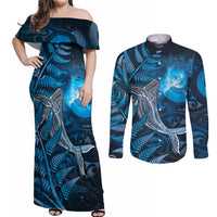 New Zealand Matariki Couples Matching Off Shoulder Maxi Dress and Long Sleeve Button Shirt Maori Koru With Humpback Whale Blue LT05 Blue - Polynesian Pride
