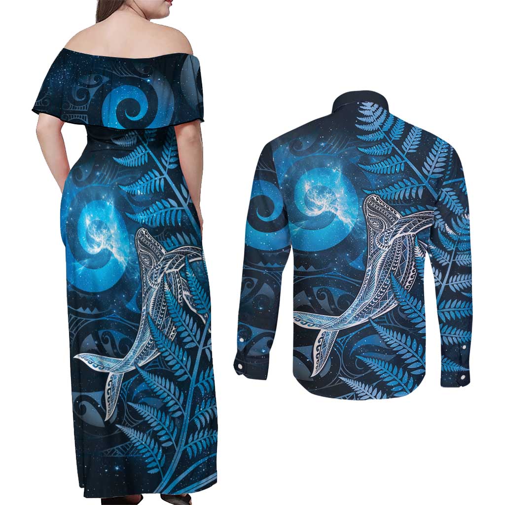 New Zealand Matariki Couples Matching Off Shoulder Maxi Dress and Long Sleeve Button Shirt Maori Koru With Humpback Whale Blue LT05 - Polynesian Pride