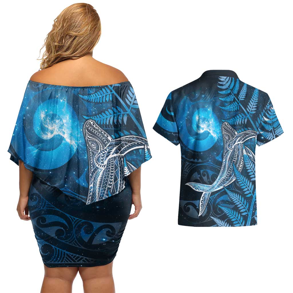 New Zealand Matariki Couples Matching Off Shoulder Short Dress and Hawaiian Shirt Maori Koru With Humpback Whale Blue LT05 - Polynesian Pride