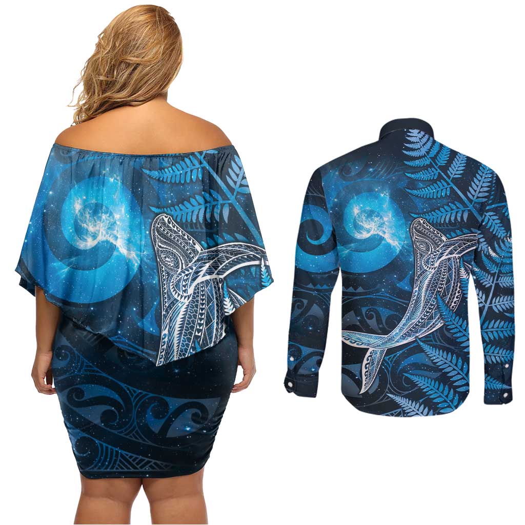 New Zealand Matariki Couples Matching Off Shoulder Short Dress and Long Sleeve Button Shirt Maori Koru With Humpback Whale Blue LT05 - Polynesian Pride