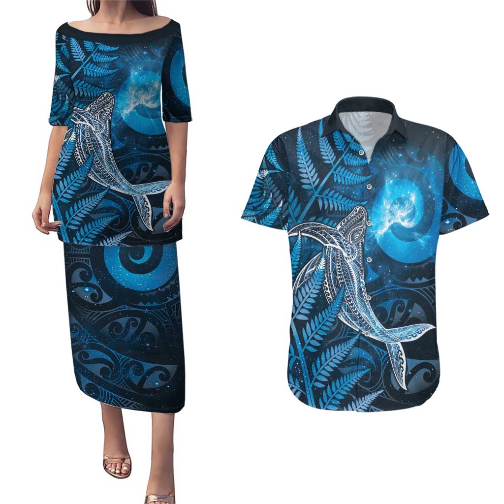 New Zealand Matariki Couples Matching Puletasi and Hawaiian Shirt Maori Koru With Humpback Whale Blue LT05 Blue - Polynesian Pride
