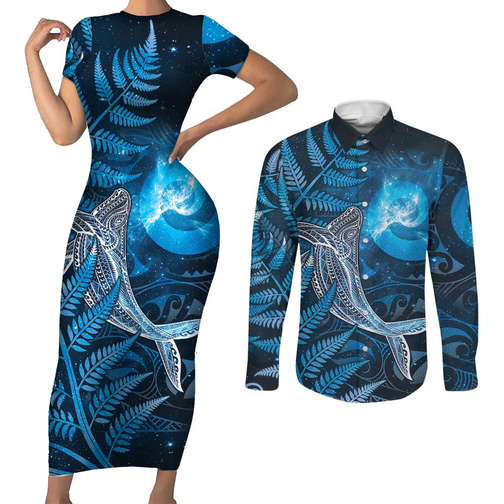New Zealand Matariki Couples Matching Short Sleeve Bodycon Dress and Long Sleeve Button Shirt Maori Koru With Humpback Whale Blue LT05 Blue - Polynesian Pride
