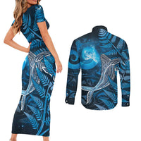 New Zealand Matariki Couples Matching Short Sleeve Bodycon Dress and Long Sleeve Button Shirt Maori Koru With Humpback Whale Blue LT05 - Polynesian Pride