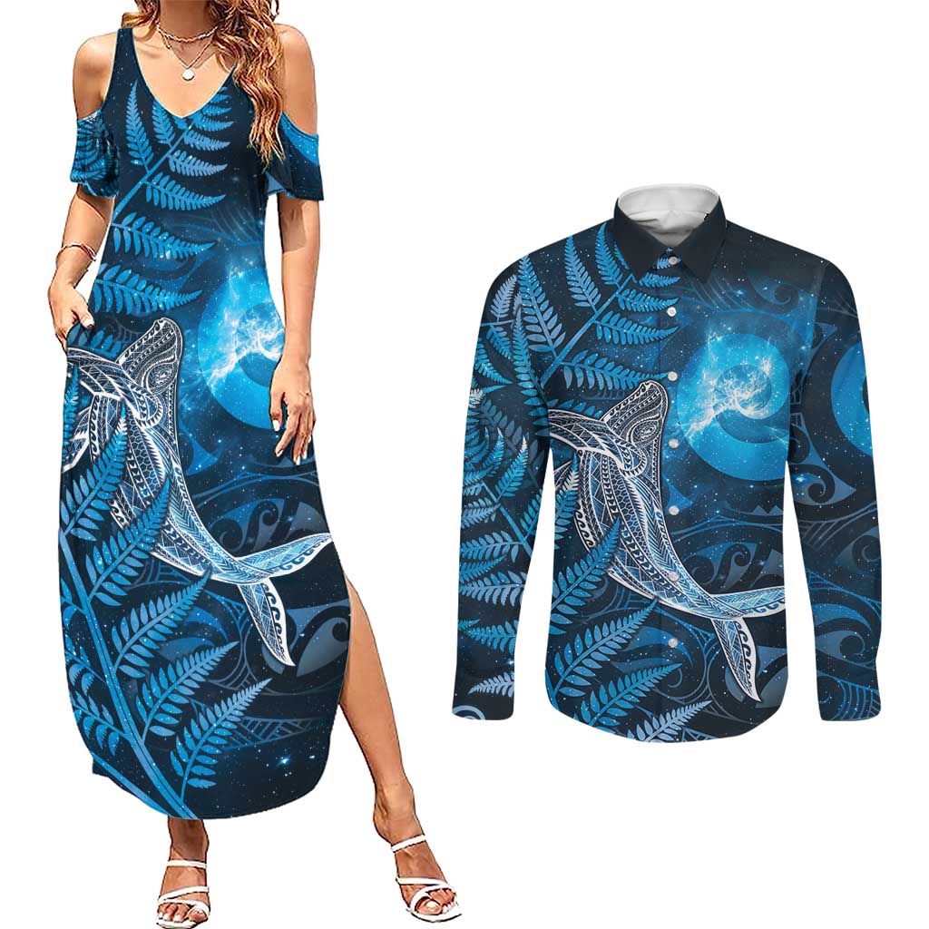 New Zealand Matariki Couples Matching Summer Maxi Dress and Long Sleeve Button Shirt Maori Koru With Humpback Whale Blue