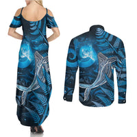 New Zealand Matariki Couples Matching Summer Maxi Dress and Long Sleeve Button Shirt Maori Koru With Humpback Whale Blue LT05 - Polynesian Pride