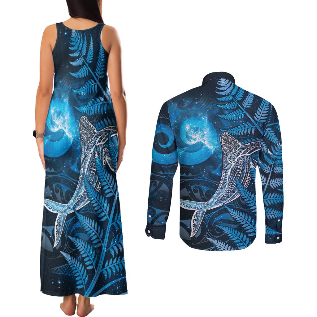 New Zealand Matariki Couples Matching Tank Maxi Dress and Long Sleeve Button Shirt Maori Koru With Humpback Whale Blue LT05 - Polynesian Pride
