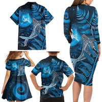 New Zealand Matariki Family Matching Long Sleeve Bodycon Dress and Hawaiian Shirt Maori Koru With Humpback Whale Blue LT05 - Polynesian Pride