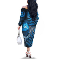 New Zealand Matariki Family Matching Off The Shoulder Long Sleeve Dress and Hawaiian Shirt Maori Koru With Humpback Whale Blue LT05 - Polynesian Pride