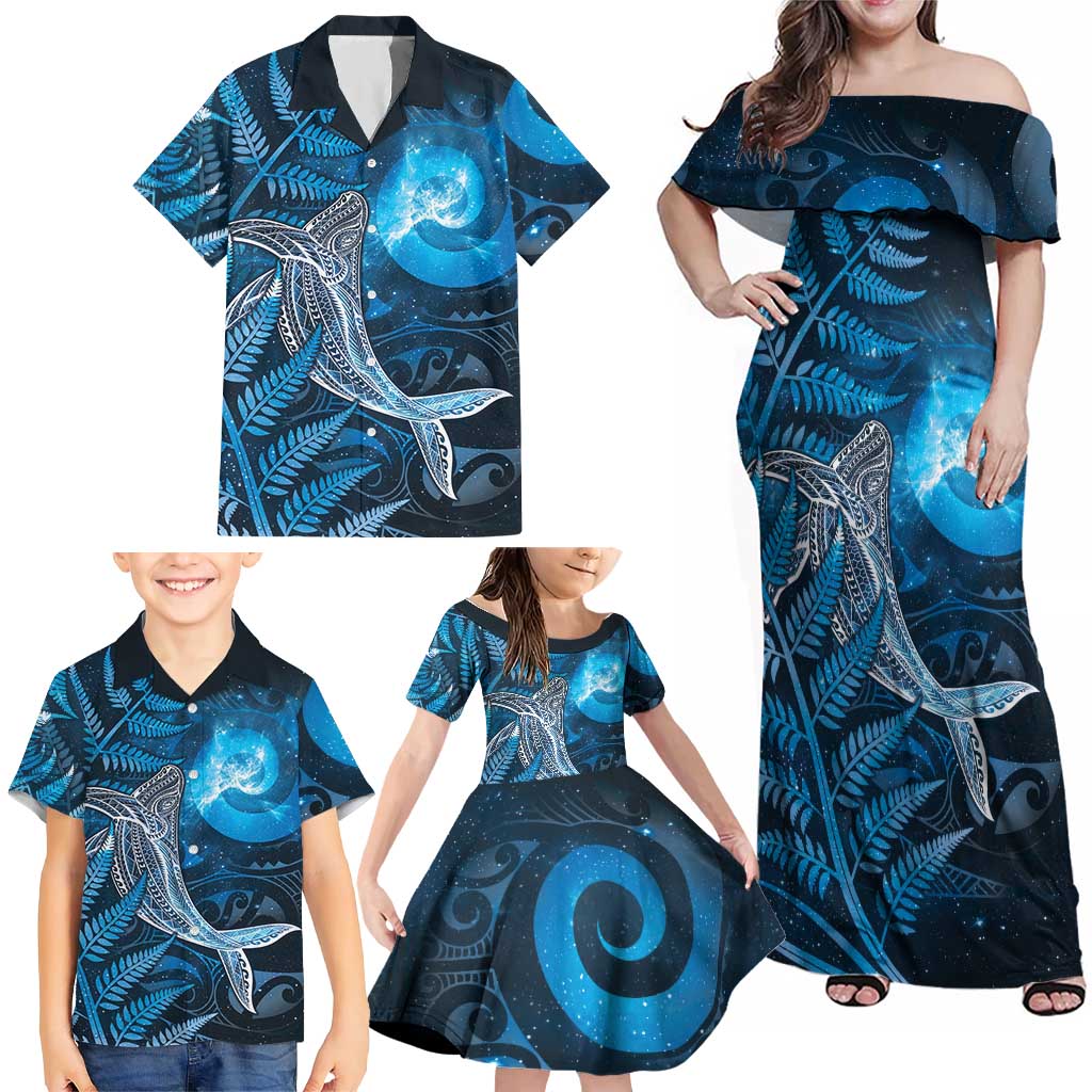 New Zealand Matariki Family Matching Off Shoulder Maxi Dress and Hawaiian Shirt Maori Koru With Humpback Whale Blue LT05 - Polynesian Pride
