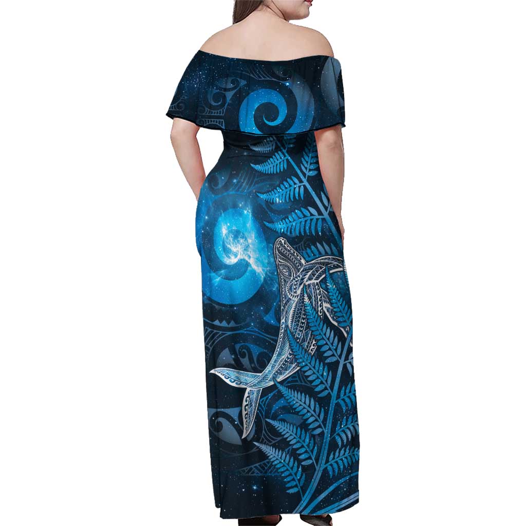 New Zealand Matariki Family Matching Off Shoulder Maxi Dress and Hawaiian Shirt Maori Koru With Humpback Whale Blue LT05 - Polynesian Pride