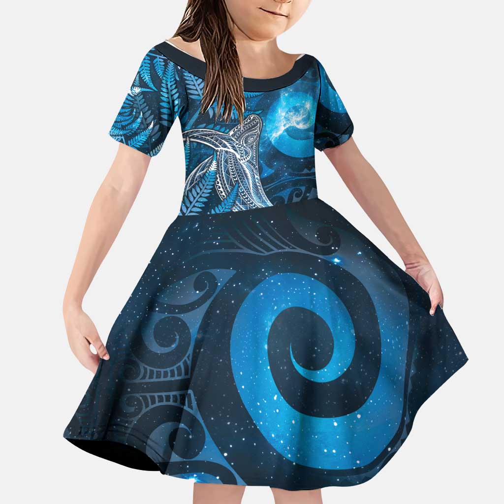 New Zealand Matariki Family Matching Short Sleeve Bodycon Dress and Hawaiian Shirt Maori Koru With Humpback Whale Blue LT05 Daughter's Dress Blue - Polynesian Pride