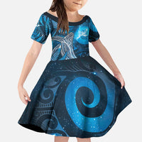 New Zealand Matariki Family Matching Short Sleeve Bodycon Dress and Hawaiian Shirt Maori Koru With Humpback Whale Blue LT05 Daughter's Dress Blue - Polynesian Pride