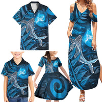 New Zealand Matariki Family Matching Summer Maxi Dress and Hawaiian Shirt Maori Koru With Humpback Whale Blue LT05 - Polynesian Pride