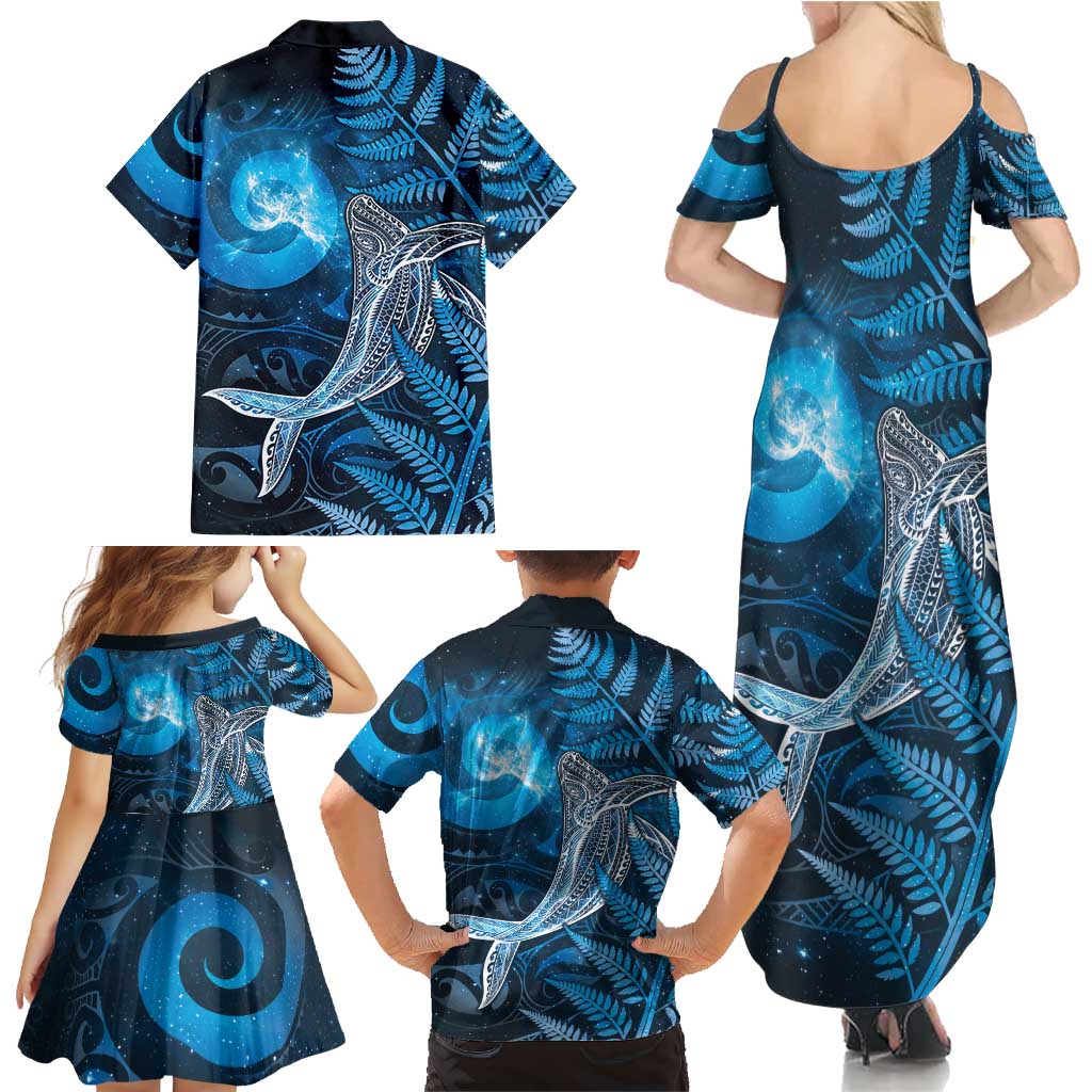 New Zealand Matariki Family Matching Summer Maxi Dress and Hawaiian Shirt Maori Koru With Humpback Whale Blue LT05 - Polynesian Pride