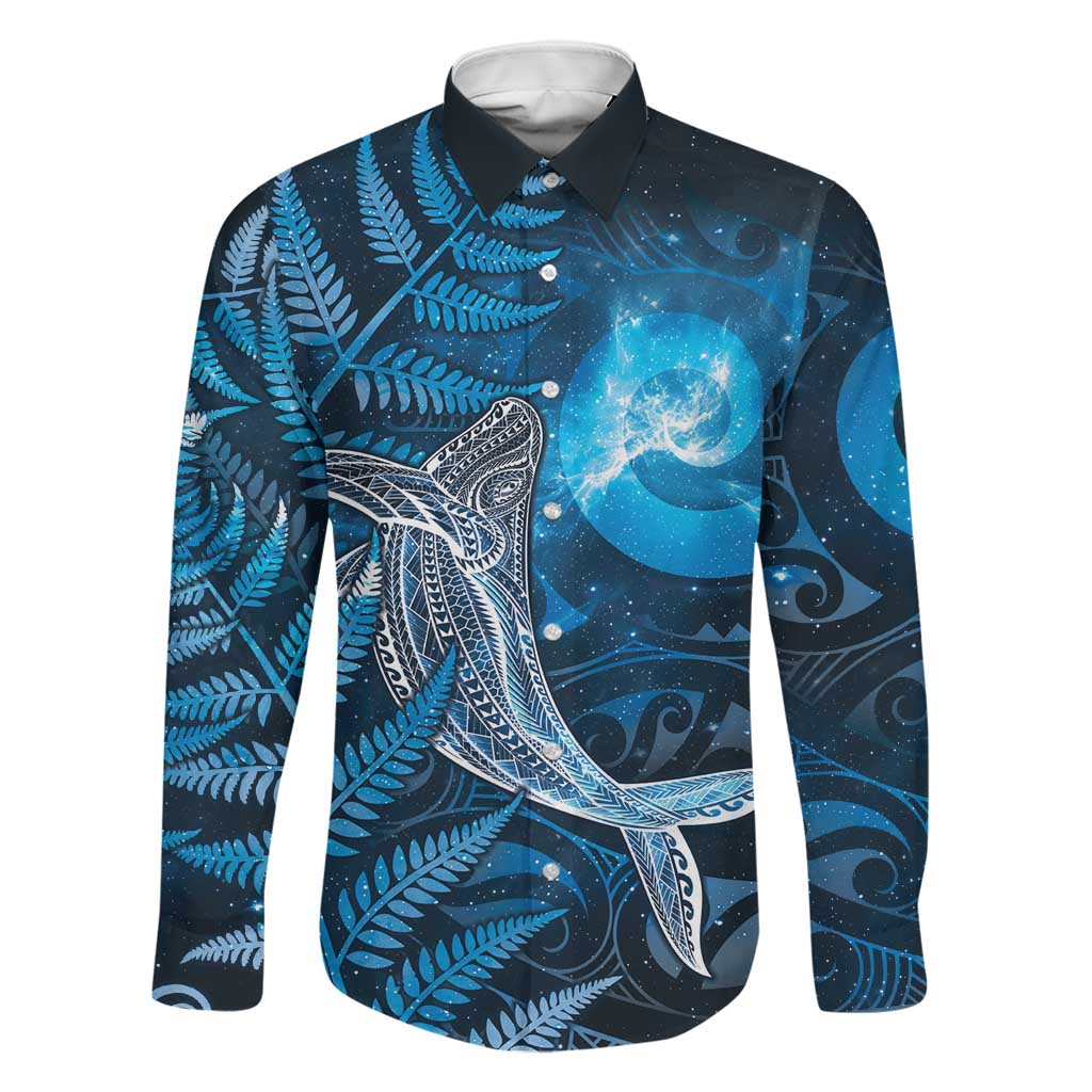 New Zealand Matariki Family Matching Summer Maxi Dress and Hawaiian Shirt Maori Koru With Humpback Whale Blue LT05 Dad's Shirt - Long Sleeve Blue - Polynesian Pride