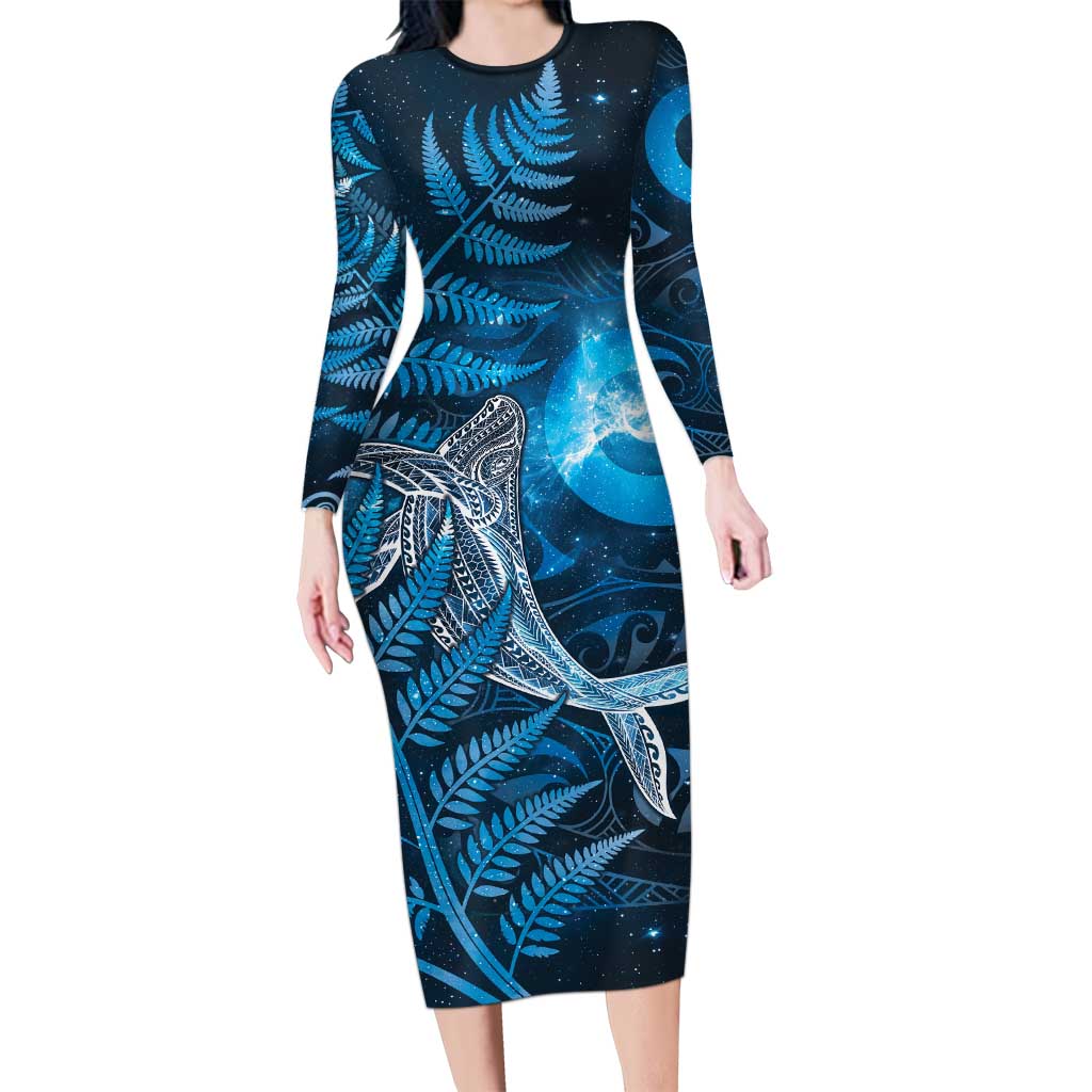 New Zealand Matariki Long Sleeve Bodycon Dress Maori Koru With Humpback Whale Blue