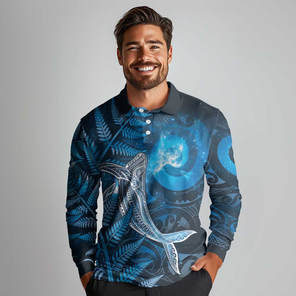 New Zealand Matariki Long Sleeve Polo Shirt Maori Koru With Humpback Whale Blue LT05 - Polynesian Pride