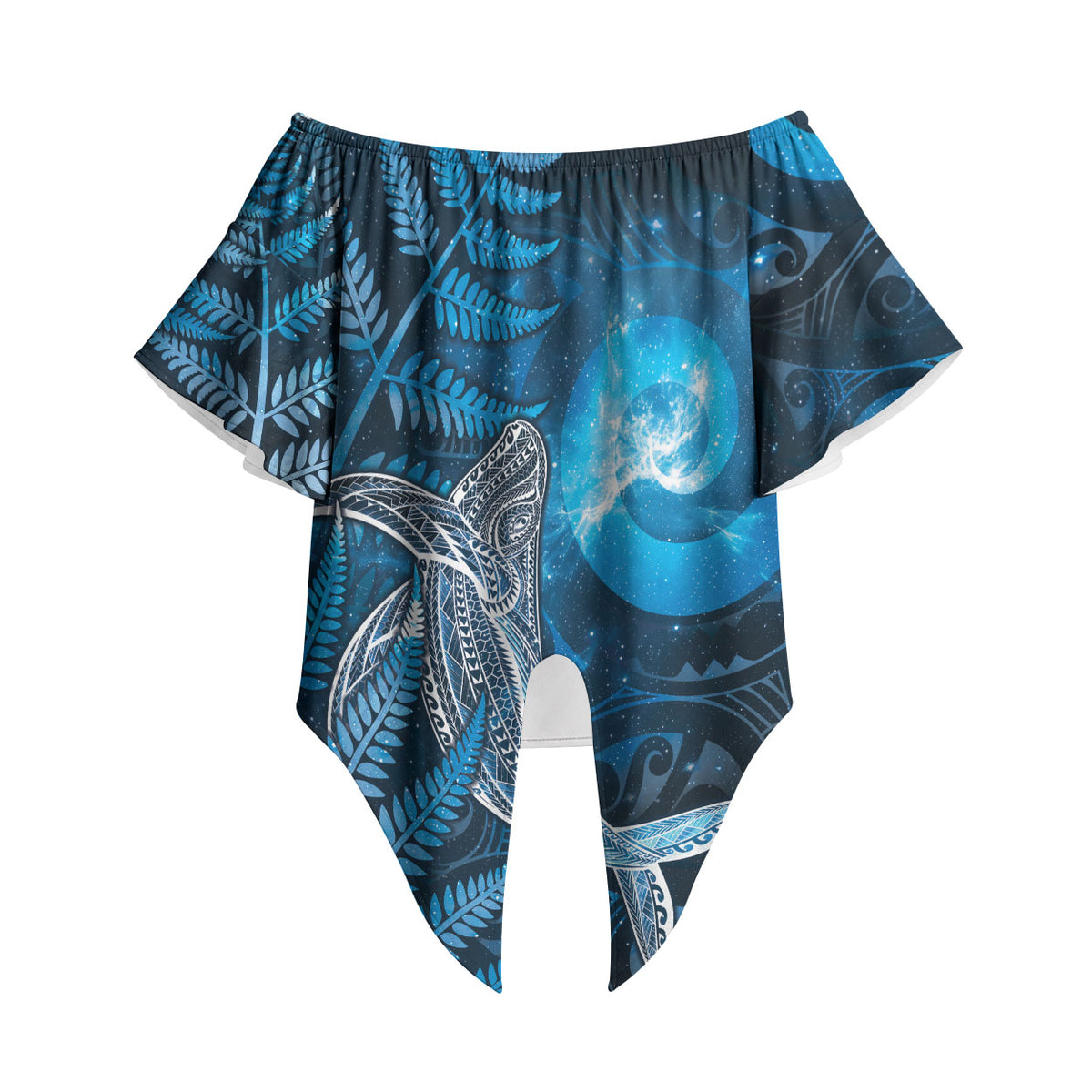 New Zealand Matariki Off Shoulder Wrap Waist Top Maori Koru With Humpback Whale Blue LT05 Blue - Polynesian Pride