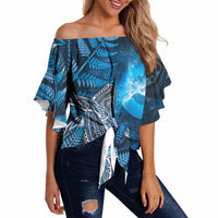 New Zealand Matariki Off Shoulder Wrap Waist Top Maori Koru With Humpback Whale Blue LT05 - Polynesian Pride