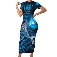 New Zealand Matariki Short Sleeve Bodycon Dress Maori Koru With Humpback Whale Blue LT05 Long Dress Blue - Polynesian Pride