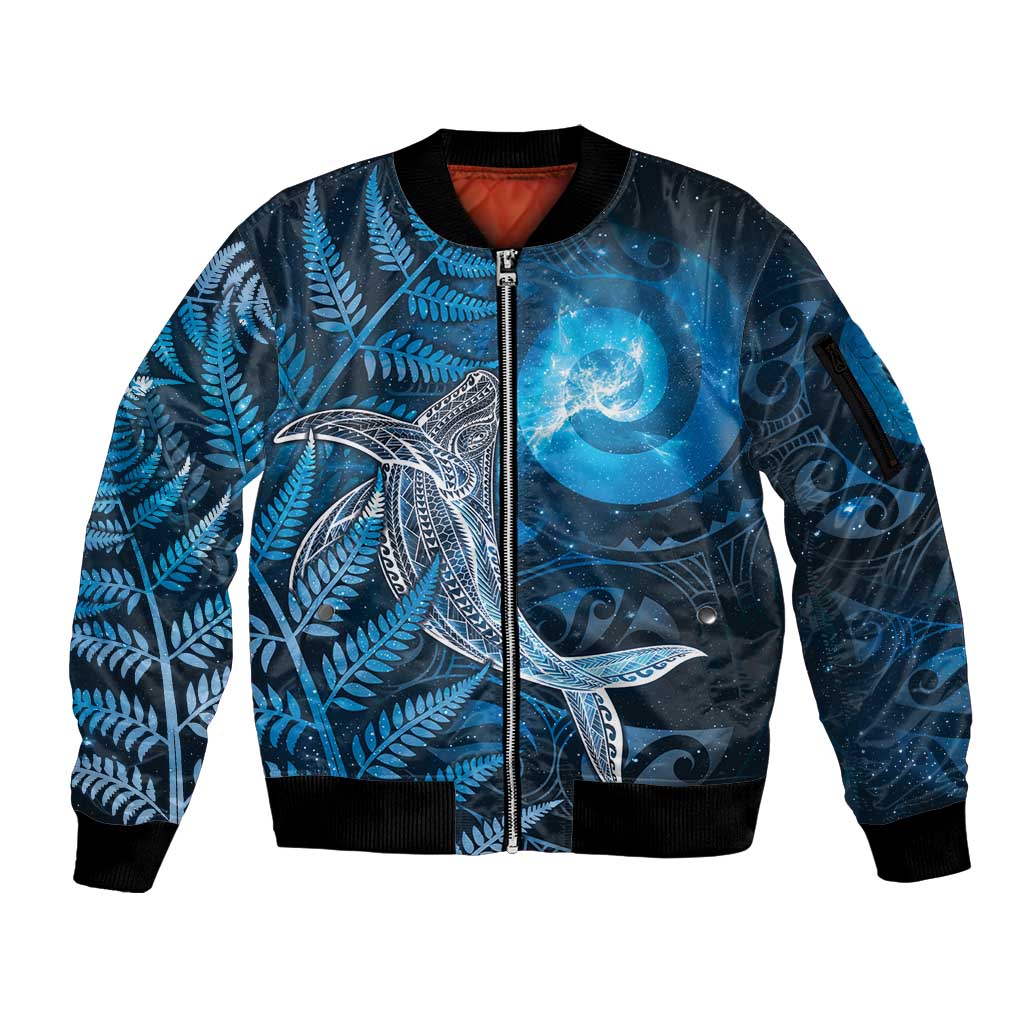 New Zealand Matariki Sleeve Zip Bomber Jacket Maori Koru With Humpback Whale Blue