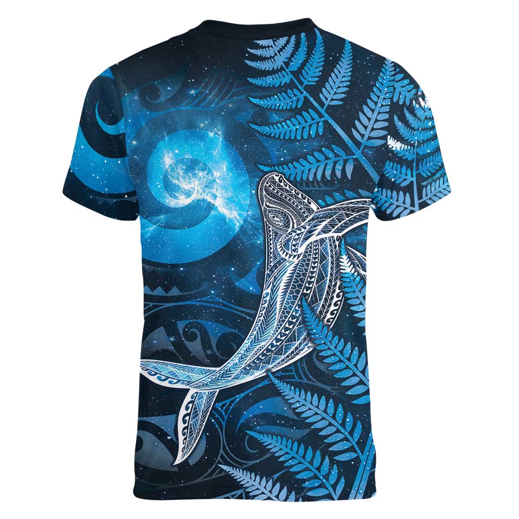 New Zealand Matariki Women V-Neck T-Shirt Maori Koru With Humpback Whale Blue LT05 - Polynesian Pride
