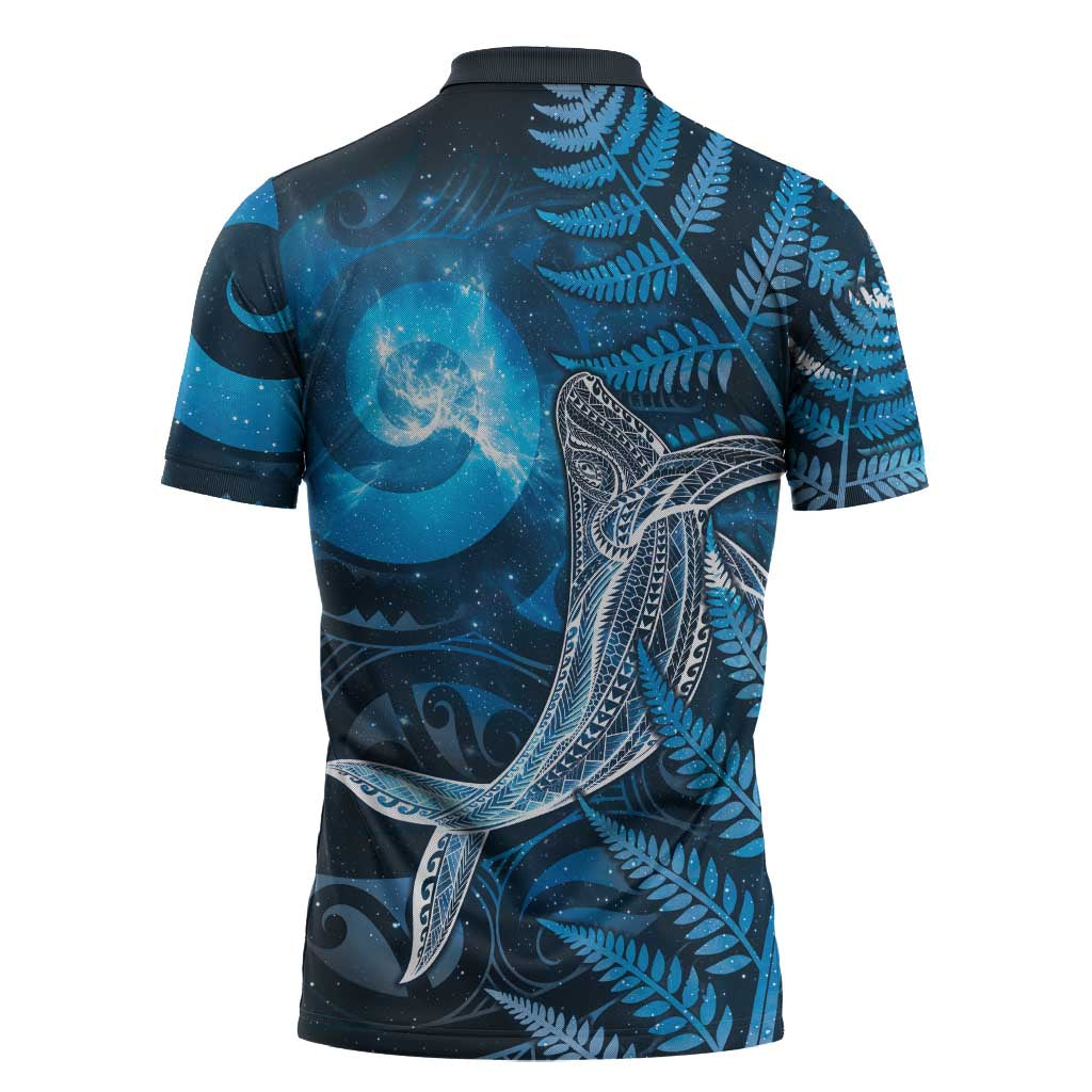 New Zealand Matariki Zipper Polo Shirt Maori Koru With Humpback Whale Blue LT05 - Polynesian Pride