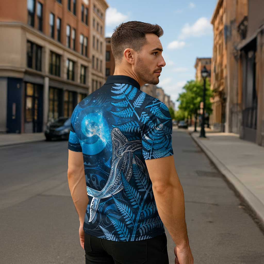 New Zealand Matariki Zipper Polo Shirt Maori Koru With Humpback Whale Blue LT05 - Polynesian Pride