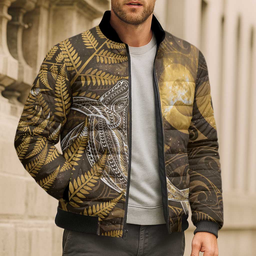 New Zealand Matariki Bomber Puffer Jacket Maori Koru With Humpback Whale Gold