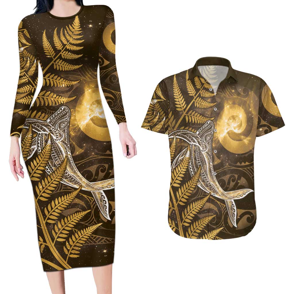 New Zealand Matariki Couples Matching Long Sleeve Bodycon Dress and Hawaiian Shirt Maori Koru With Humpback Whale Gold LT05 Gold - Polynesian Pride