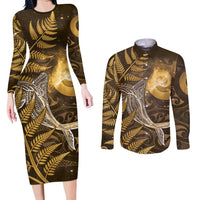 New Zealand Matariki Couples Matching Long Sleeve Bodycon Dress and Long Sleeve Button Shirt Maori Koru With Humpback Whale Gold LT05 Gold - Polynesian Pride