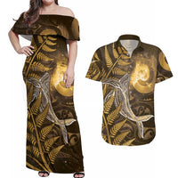 New Zealand Matariki Couples Matching Off Shoulder Maxi Dress and Hawaiian Shirt Maori Koru With Humpback Whale Gold LT05 Gold - Polynesian Pride