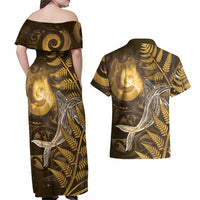 New Zealand Matariki Couples Matching Off Shoulder Maxi Dress and Hawaiian Shirt Maori Koru With Humpback Whale Gold LT05 - Polynesian Pride