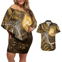 New Zealand Matariki Couples Matching Off Shoulder Short Dress and Hawaiian Shirt Maori Koru With Humpback Whale Gold LT05 Gold - Polynesian Pride