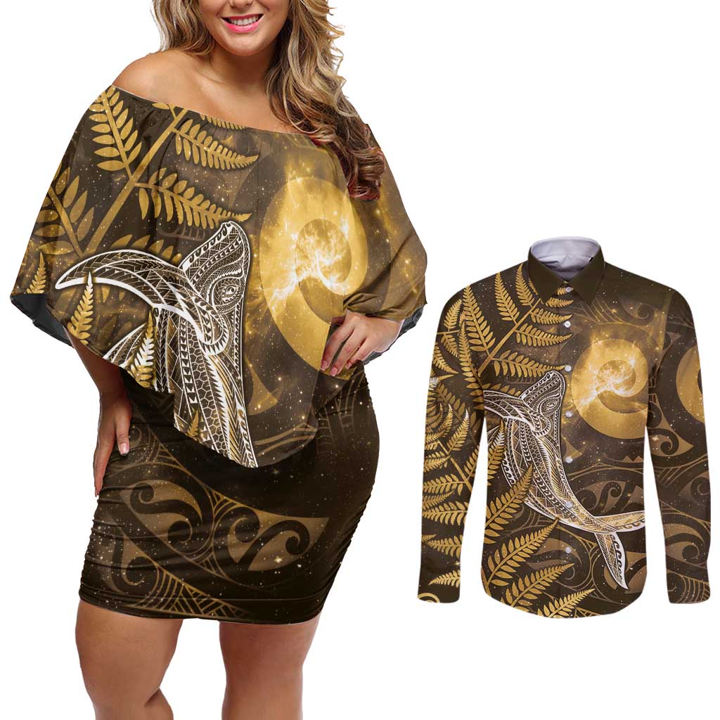 New Zealand Matariki Couples Matching Off Shoulder Short Dress and Long Sleeve Button Shirt Maori Koru With Humpback Whale Gold LT05 Gold - Polynesian Pride