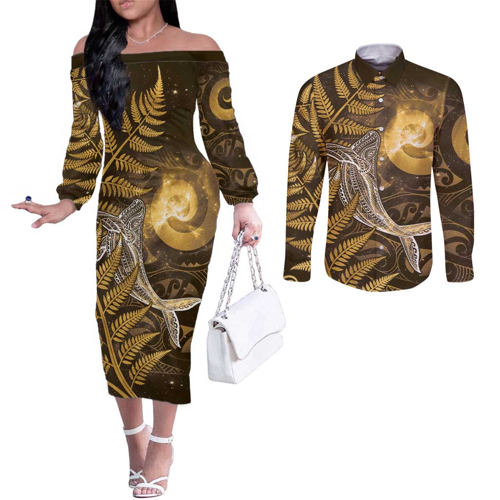 New Zealand Matariki Couples Matching Off The Shoulder Long Sleeve Dress and Long Sleeve Button Shirt Maori Koru With Humpback Whale Gold LT05 Gold - Polynesian Pride