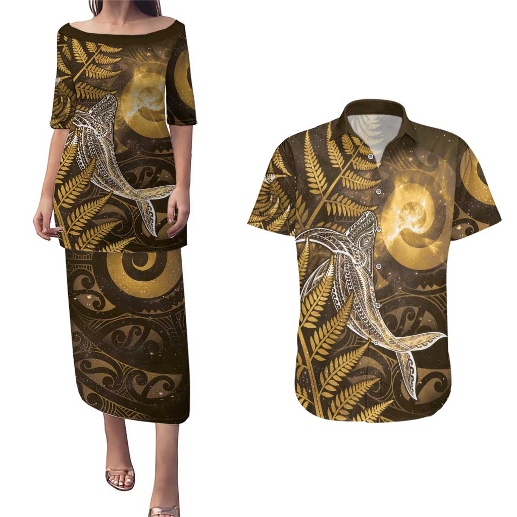 New Zealand Matariki Couples Matching Puletasi and Hawaiian Shirt Maori Koru With Humpback Whale Gold LT05 Gold - Polynesian Pride
