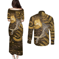 New Zealand Matariki Couples Matching Puletasi and Long Sleeve Button Shirt Maori Koru With Humpback Whale Gold LT05 - Polynesian Pride