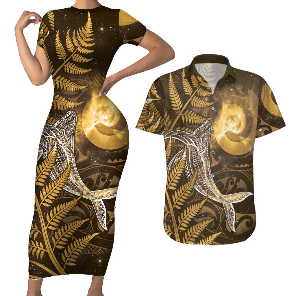 New Zealand Matariki Couples Matching Short Sleeve Bodycon Dress and Hawaiian Shirt Maori Koru With Humpback Whale Gold
