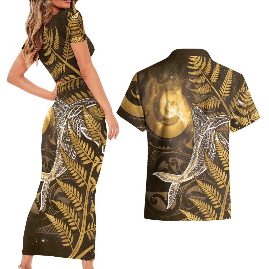 New Zealand Matariki Couples Matching Short Sleeve Bodycon Dress and Hawaiian Shirt Maori Koru With Humpback Whale Gold LT05 - Polynesian Pride