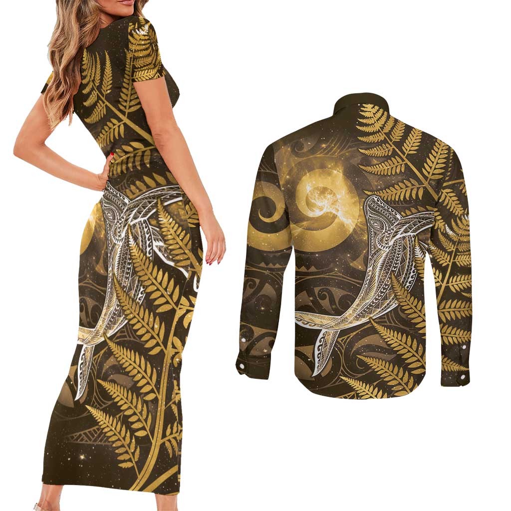 New Zealand Matariki Couples Matching Short Sleeve Bodycon Dress and Long Sleeve Button Shirt Maori Koru With Humpback Whale Gold LT05 - Polynesian Pride